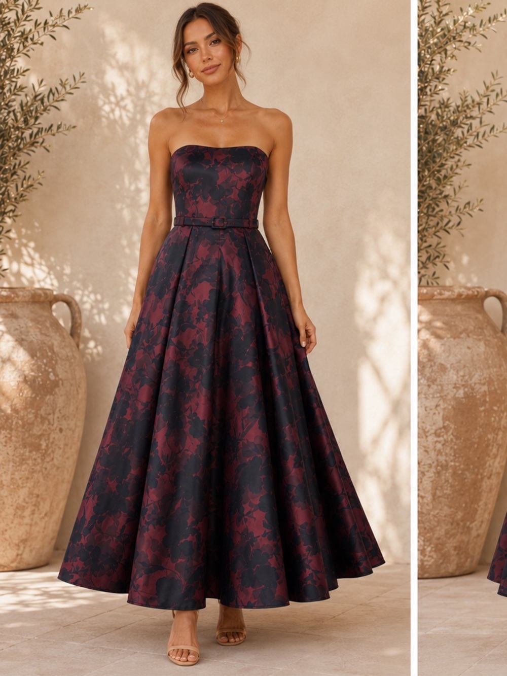 hutch judy black & brown floral print strapless belted maxi gown dress small NEW
